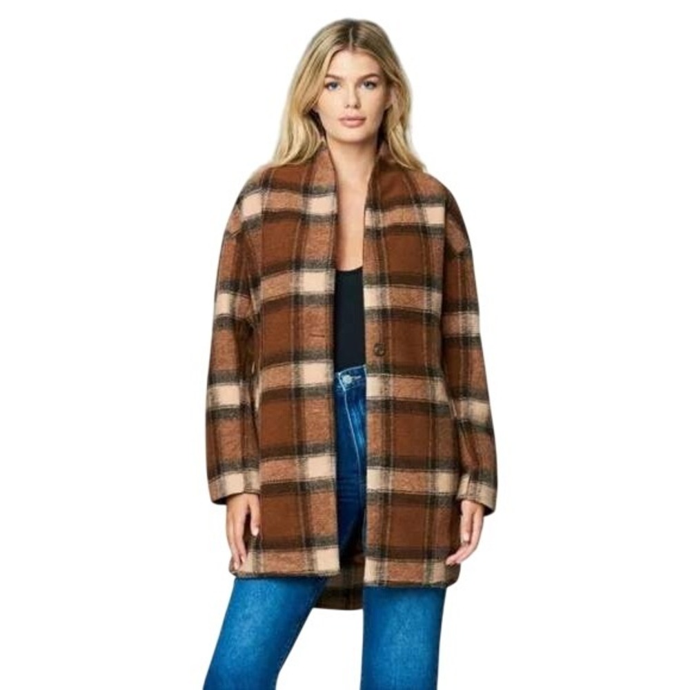 Blank NYC Plaid Cocoon Wanderer Lined Long Sleeve Button Closure Pea Coat Size M